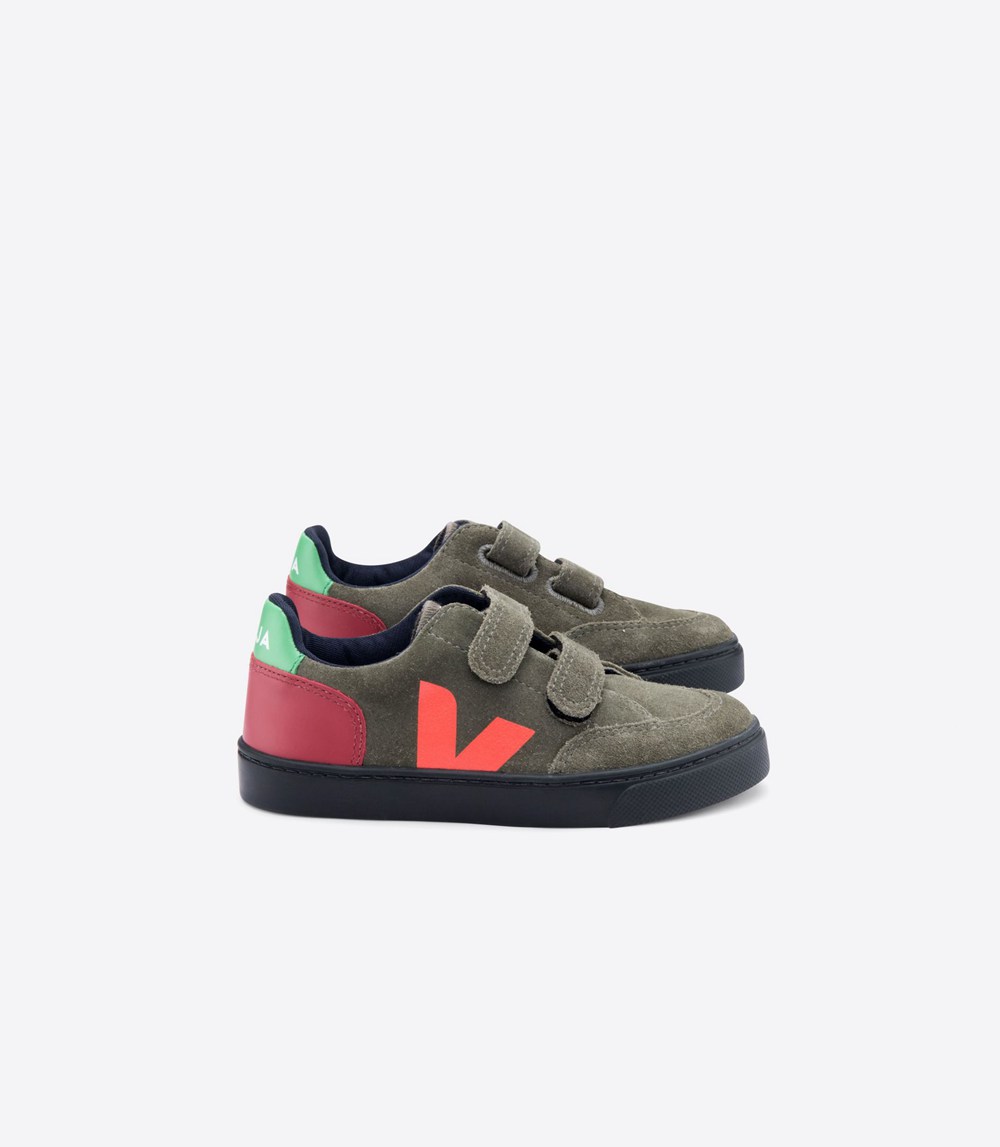 Tenis Veja Niños - V-12 Velcro Suede - Verde Oliva/Negros - 306UTHVJO